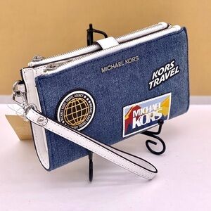 Michael Kors Jet Set Travel Large Embellished Denim Wristlet Wallet